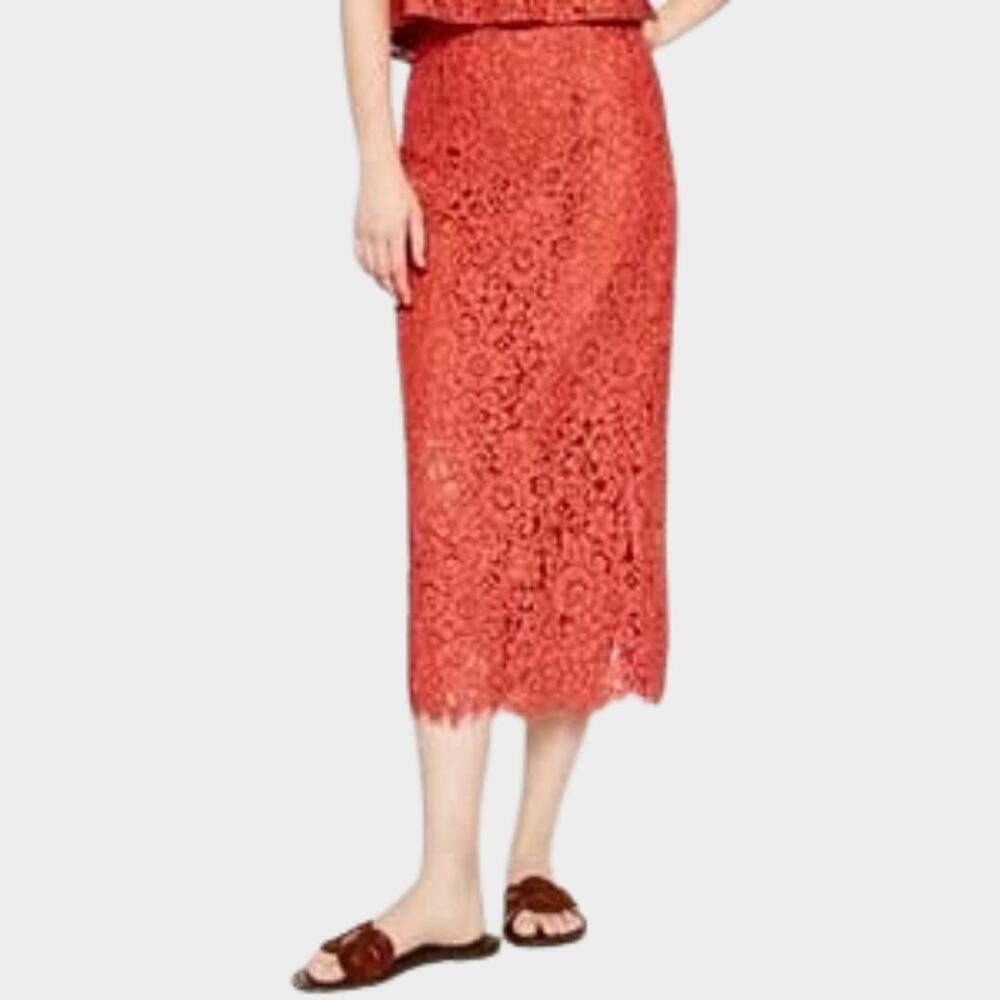 ZARA Coral Orange Floral Guipure Lace Midi Pencil Skirt Size M